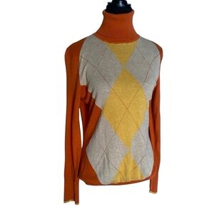 MEXX Argyle Turtleneck Lightweight Sweater Orange Yellow Beige Earth Tones XL